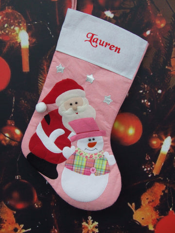 Personalised Christmas Stockings - Pink Felt with Santa & Snowman Design
