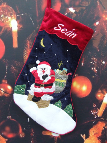 Personalised Christmas Stocking Velvet Santa coming down the chimney